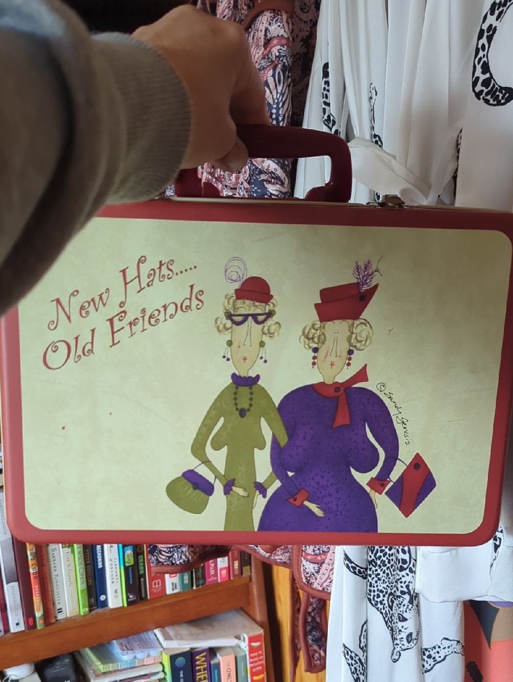 New Hats... Old Friends Decorative Tin Lunchbox - Red and Cream